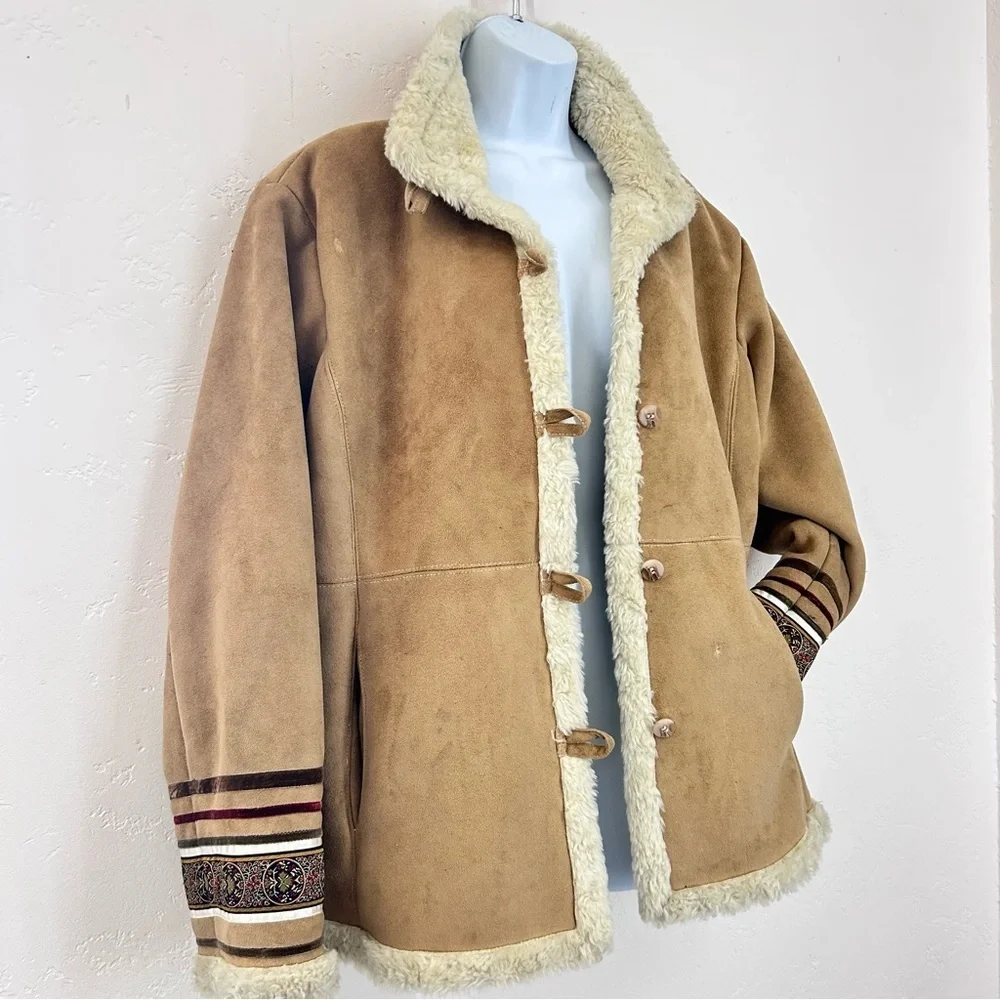 Vintage 90s Y2K Faux Suede Sherpa Lined Jacket Sz M Tan Coat Boho Phoebe Buffay